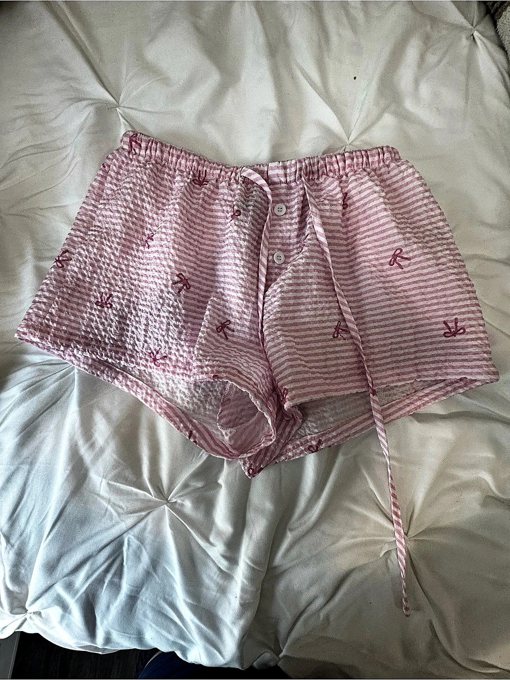 SHEIN MOD Pink Stripe Smocked Lounge Shorts With Elastic Waist Bow Size Small